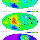 Maps showing differences in lunar topography (A), crustal thickness (B), and thorium distribution (C). The star at the top right shows the possible point of impact on the nearside.